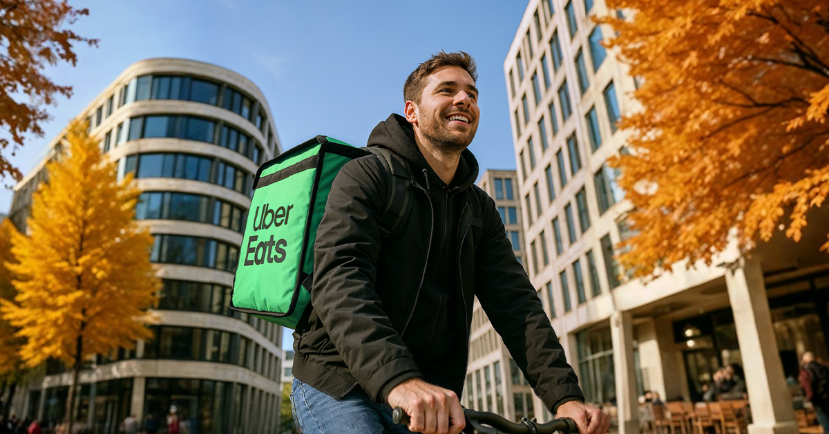Uber Eats earnings: city courier while making a delivery