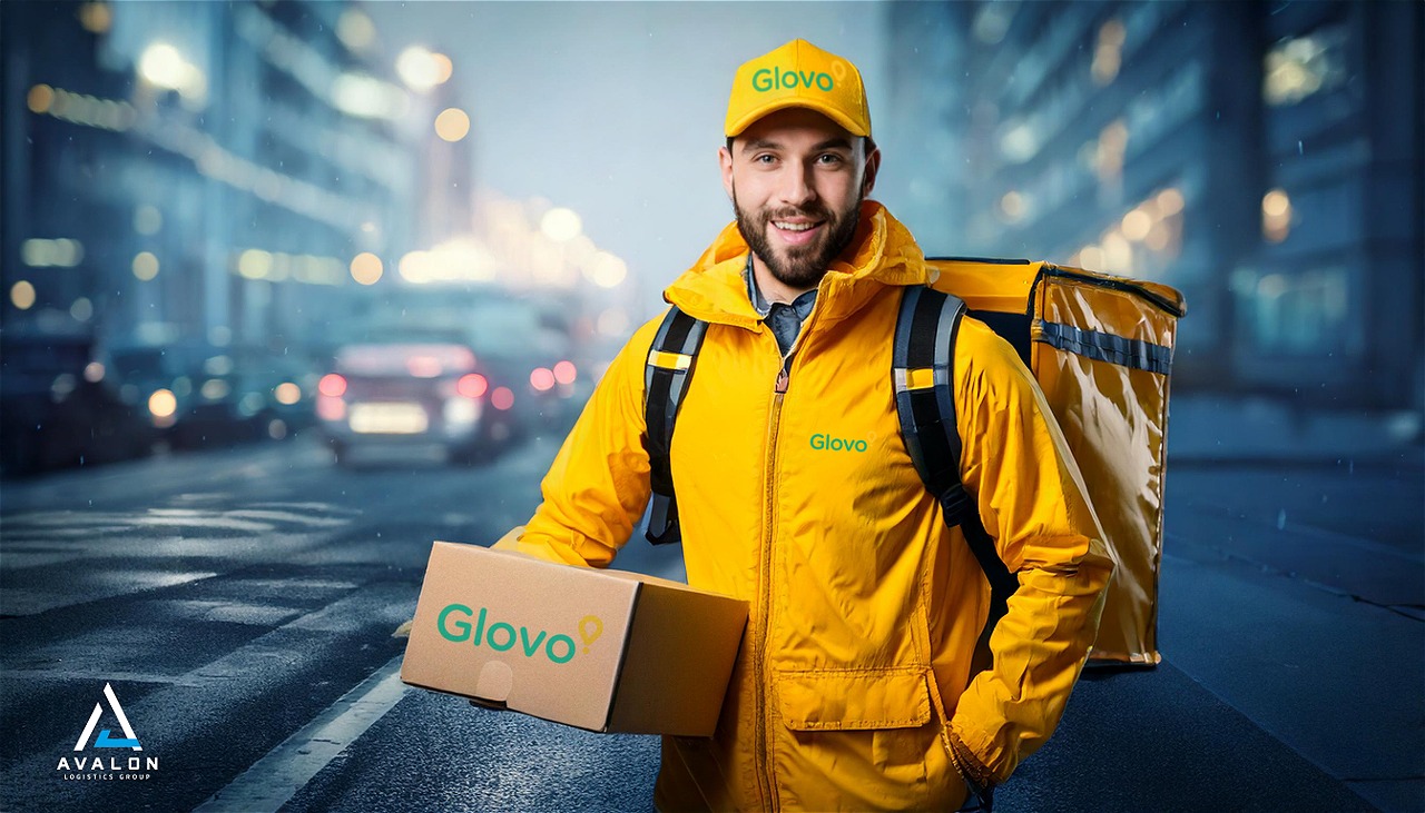 Курьер Glovo в куртке и кепке с термосумкой доставляет еду на фоне городского пейзажа.