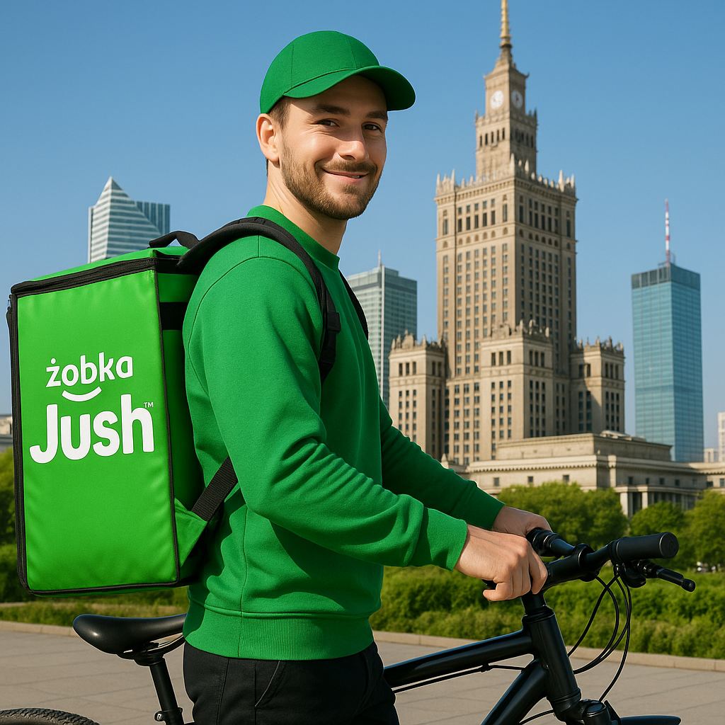 Co to jest Żabka Jush: kurier na tle Warszawy