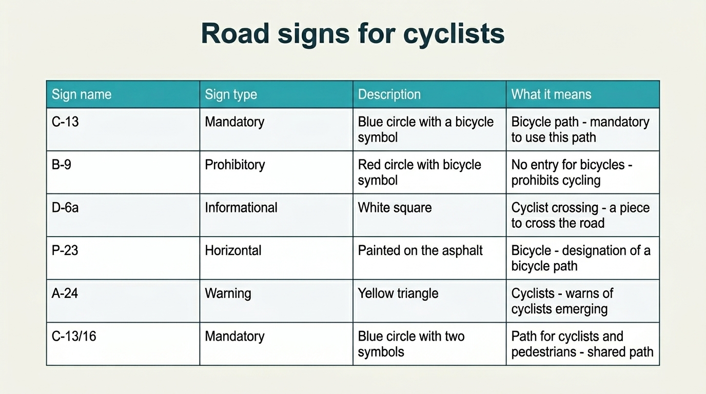 Road signs for cyclists: the table