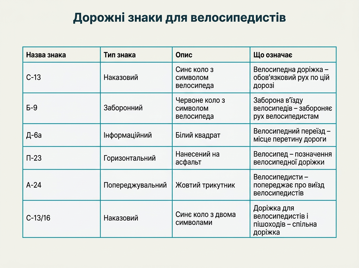 дорожні знаки для велосипедистів: таблиця