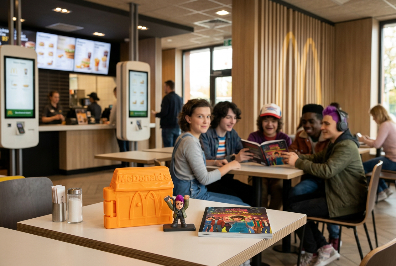 Happy meal stranger things: nastolatkowie przy stoliku wewnątrz restauracji